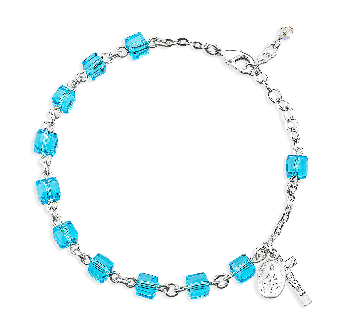 Crystal Cube Aqua Bead Rosary Bracelet | Catholic Rosary