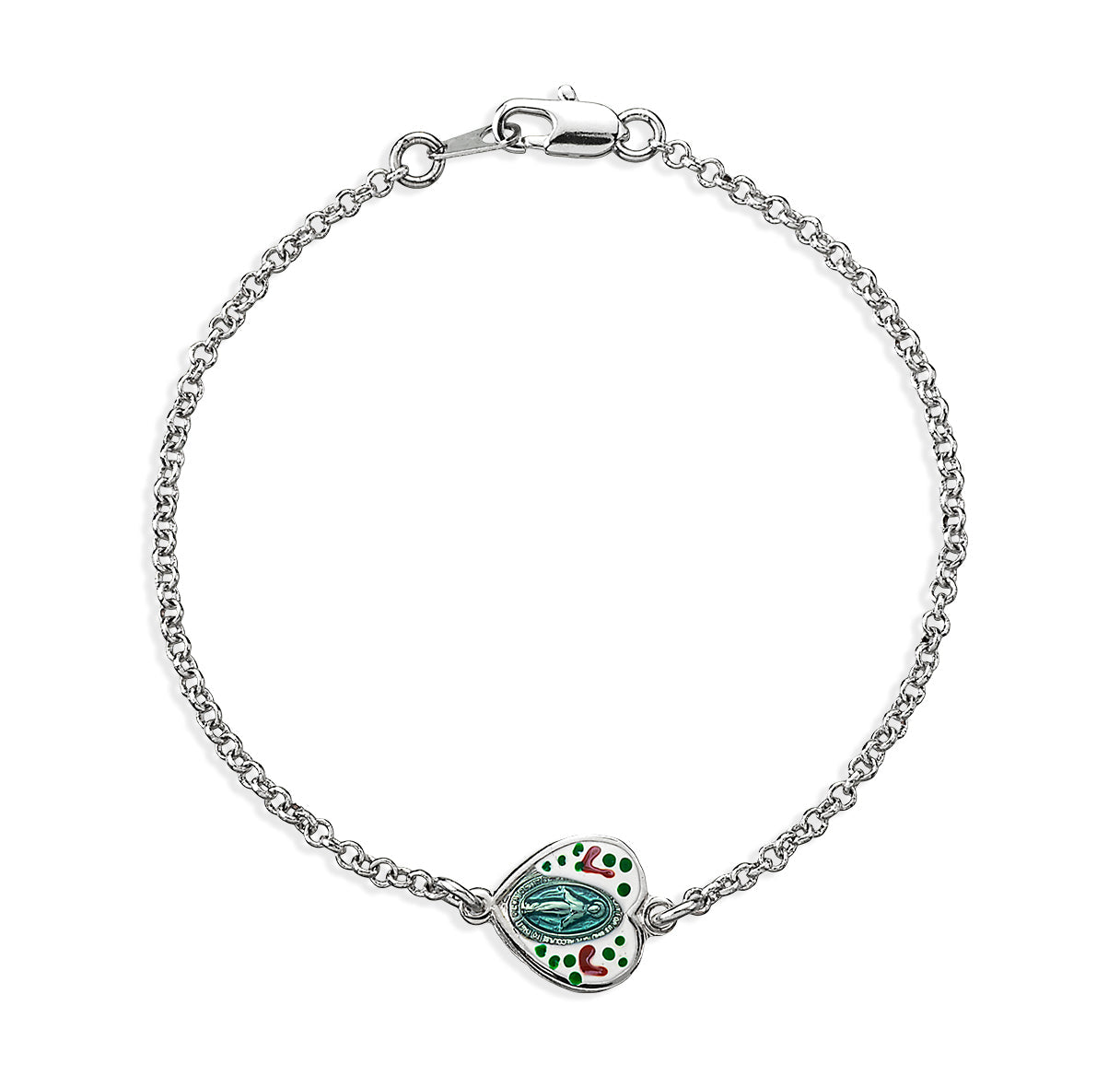Sterling Silver Miraculous Medal Hand Painted Heart on Platinum Plated Rolo Chain Bracelet 7 1/2" Necklace | .925 Silver