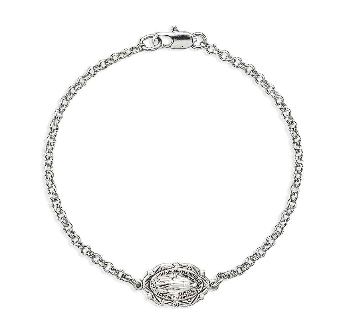 Sterling Silver Miraculous Medal on Platinum Plated Rolo Chain Bracelet 7 1/2" Necklace | .925 Silver