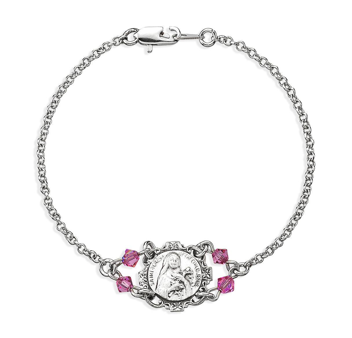 Sterling Silver St. Therese Medal with Fine Crystal Pink Beads on Platinum Plated Rolo Bracelet 7 1/2" Necklace | .925 Silver