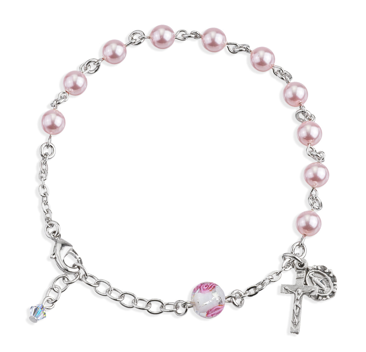 6mm Finest Pink Imatation Pearl Beads with 8mm Rose Embedded Murano Glass Bead Necklace | Catholic Jewelry