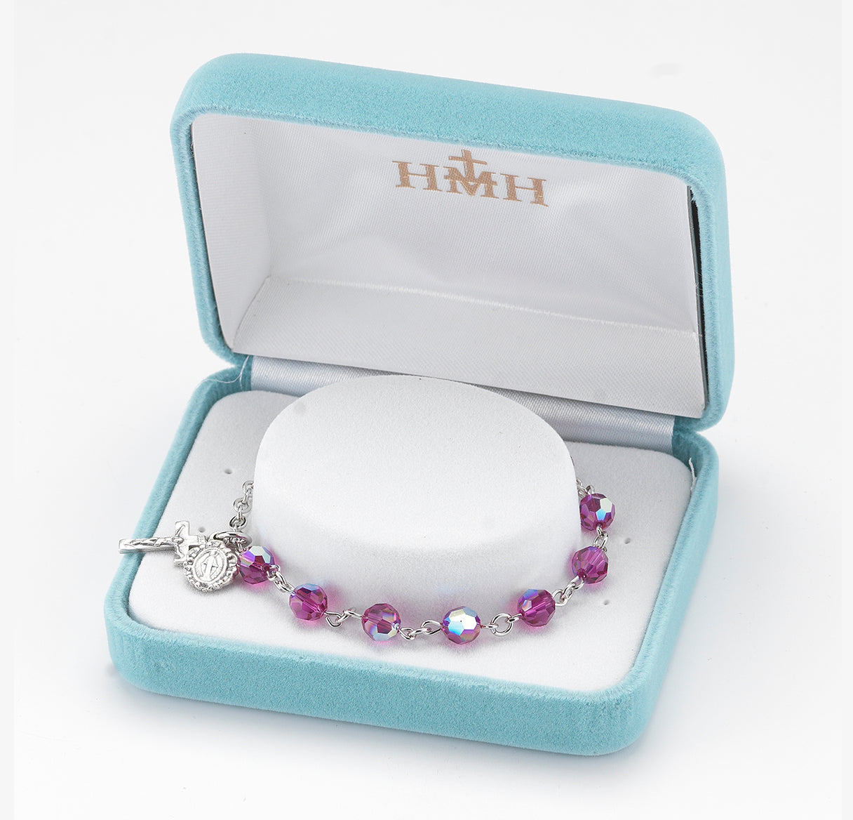 Round Crystal Rosary Bracelet Created with 6mm finest Austrian Crystal Fuchsia Beads by HMH | Catholic Rosary