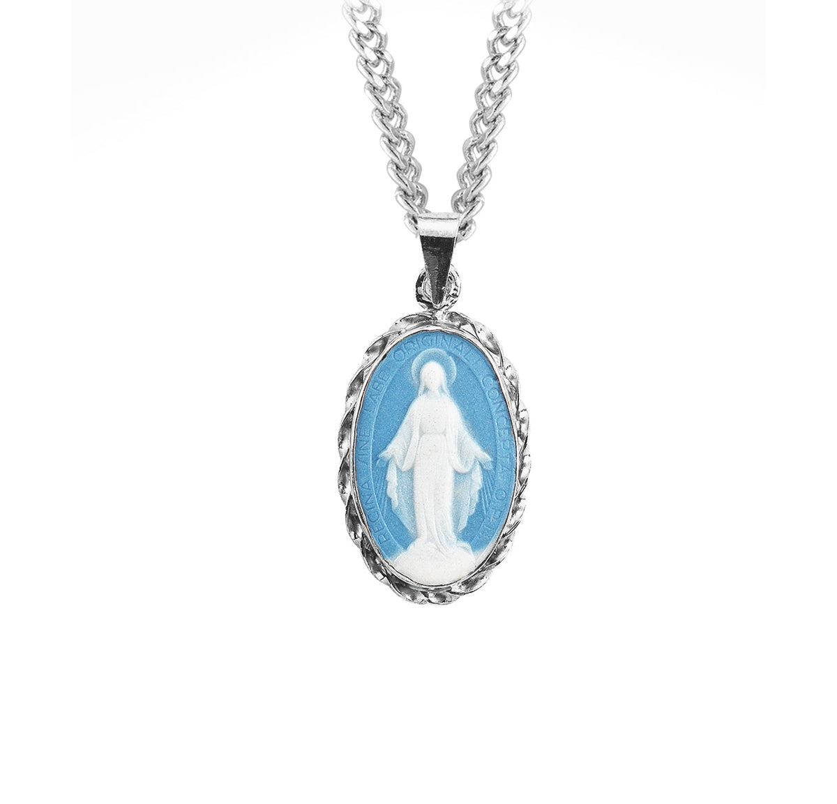 Light Blue Sterling Silver Cameo Miraculous Medal Necklace | .925 Silv