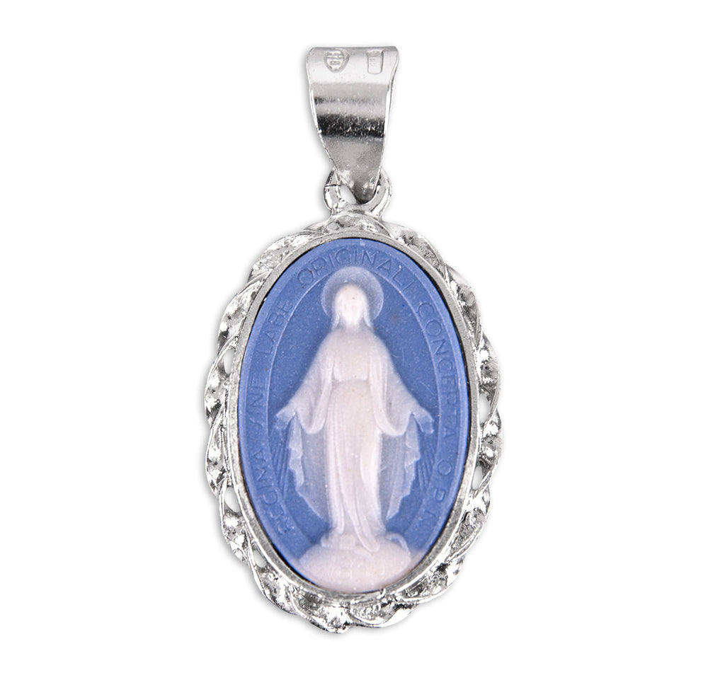Light Blue Sterling Silver Cameo Miraculous Medal Necklace | .925 Silv