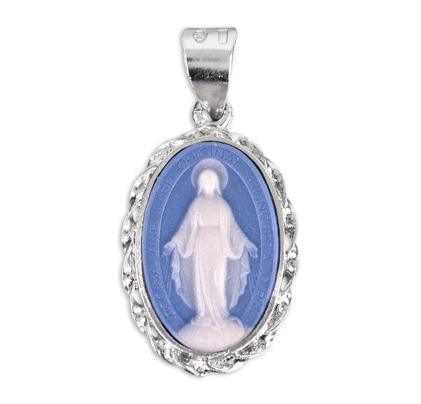 Light Blue Sterling Silver Cameo Miraculous Medal Necklace | .925 Silv