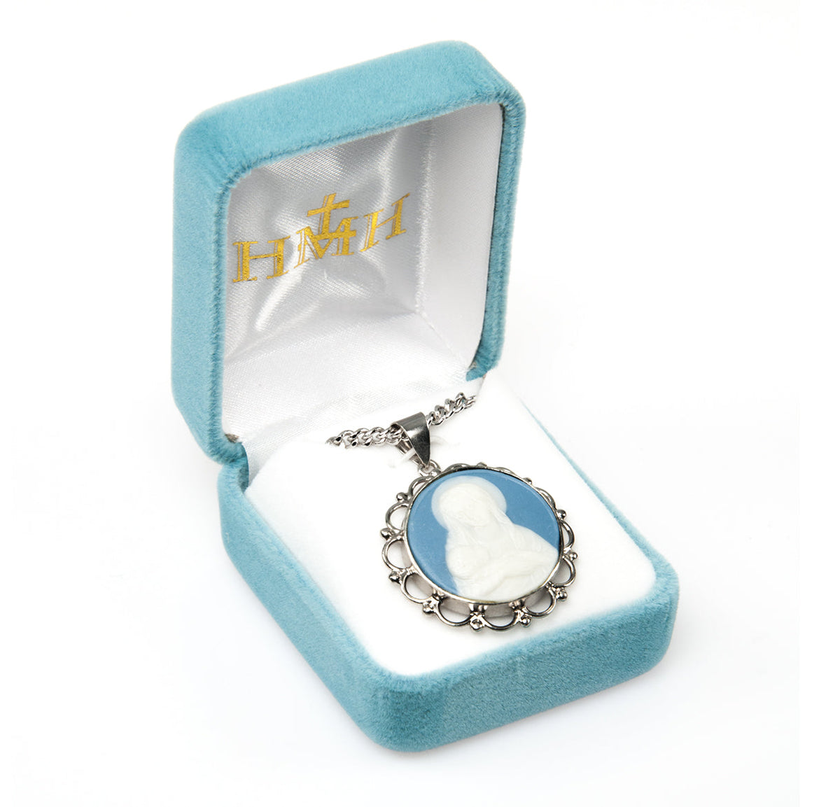 Light Blue Sterling Silver Madonna and Child Cameo Miraculous Medal Ne