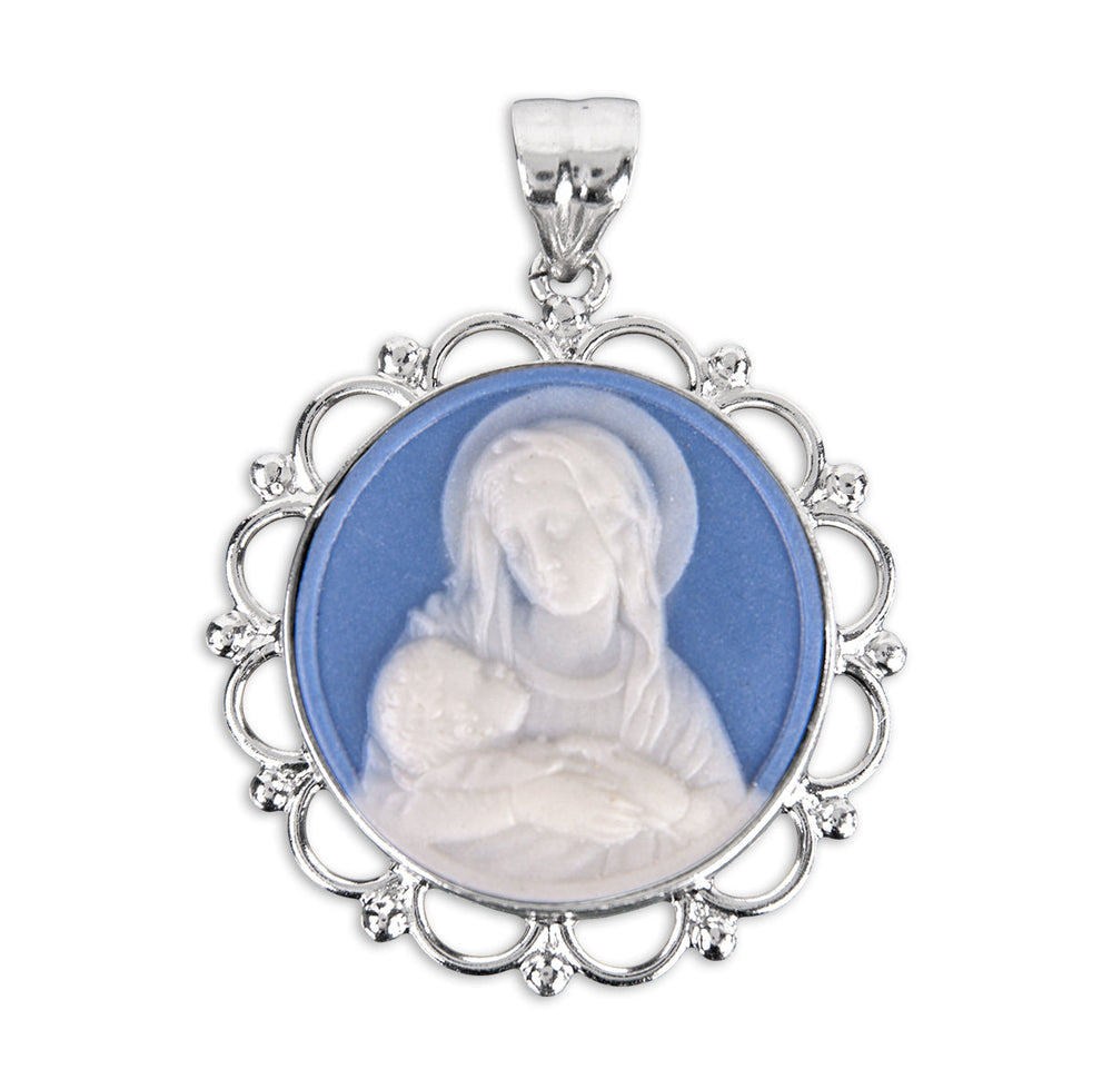 Light Blue Sterling Silver Madonna and Child Cameo Miraculous Medal Ne