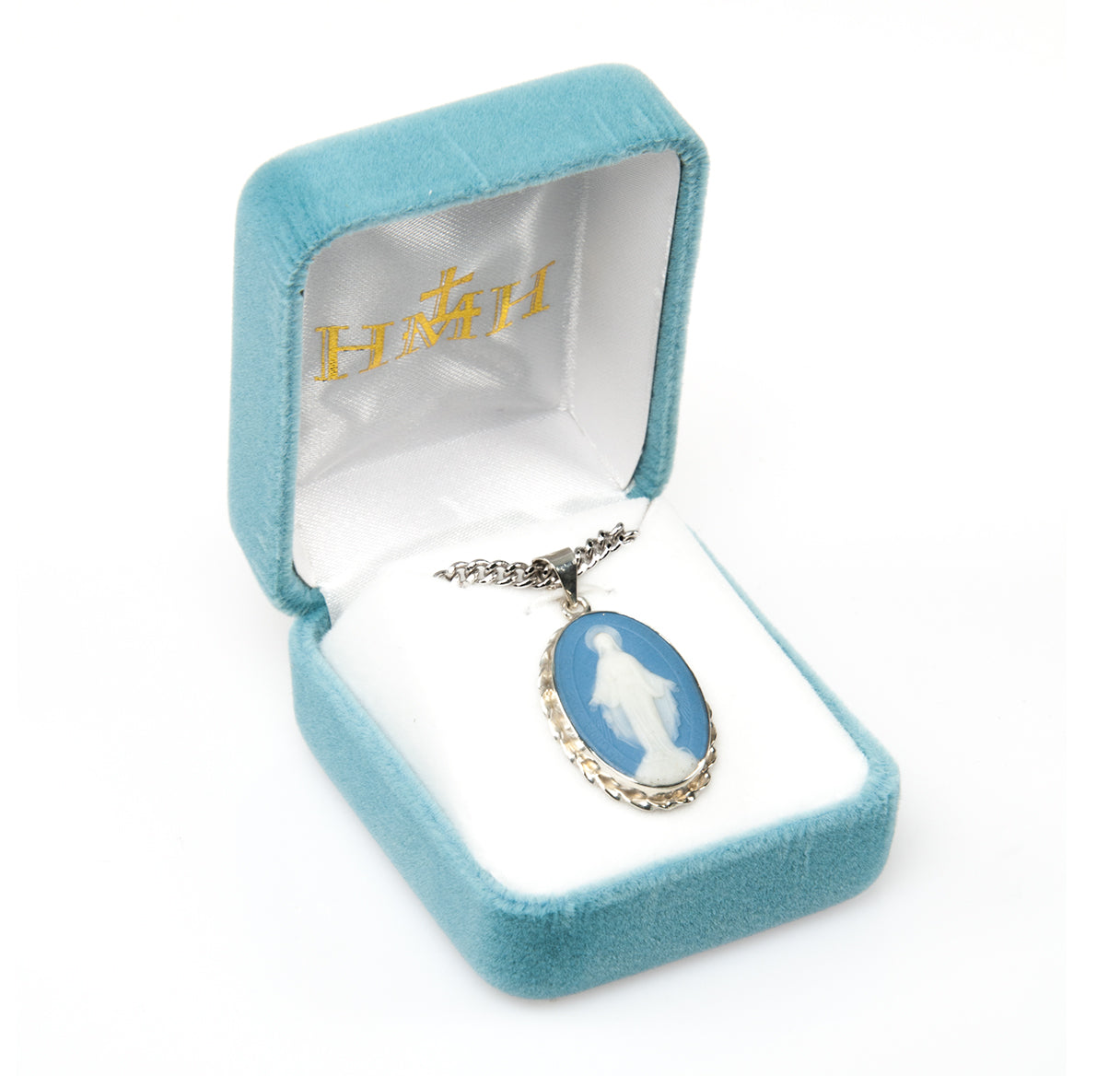 Dark Blue Sterling Silver Cameo Miraculous Medal Necklace | .925 Silver