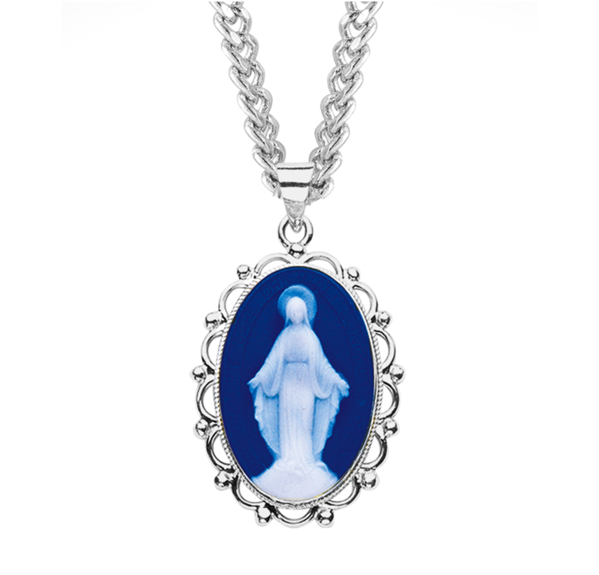 Dark Blue Sterling Silver Cameo Miraculous Medal Necklace | .925 Silver