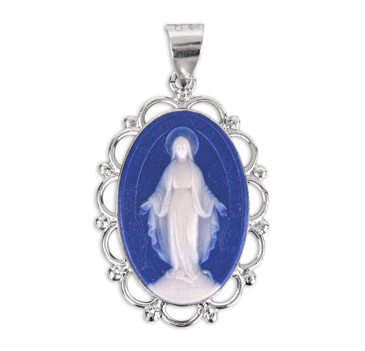 Dark Blue Sterling Silver Cameo Miraculous Medal Necklace | .925 Silver