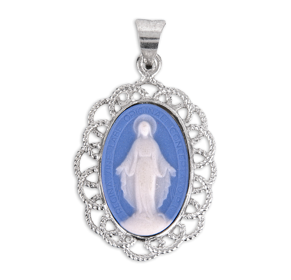 Light Blue Sterling Silver Cameo Miraculous Medal Necklace | .925 Silver
