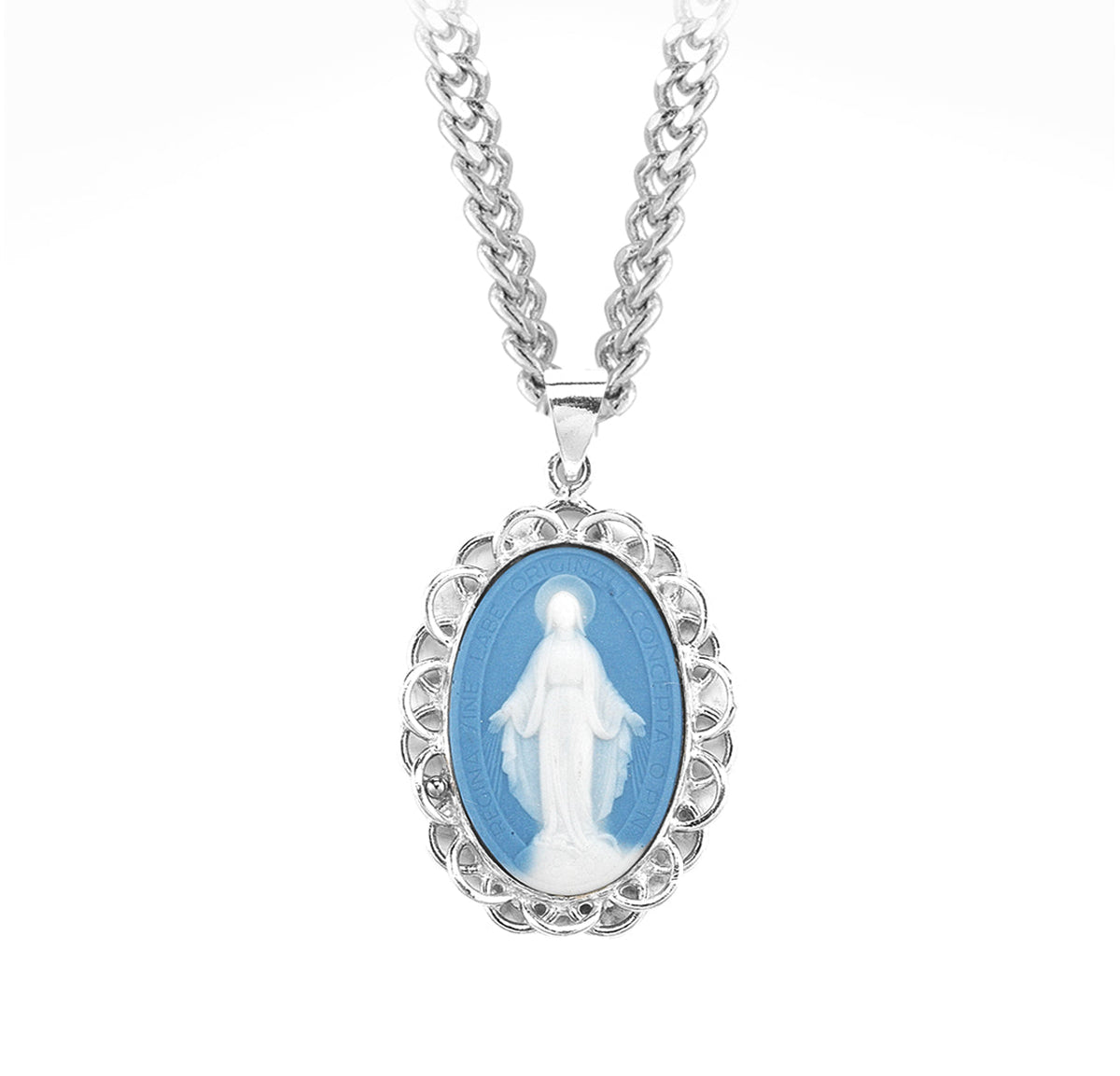 Light Blue Sterling Silver Cameo Miraculous Medal Necklace | .925 Silv