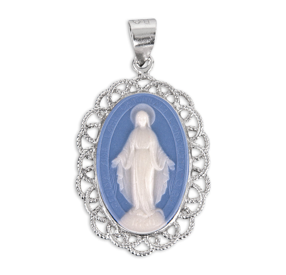 Light Blue Sterling Silver Cameo Miraculous Medal Necklace | .925 Silv