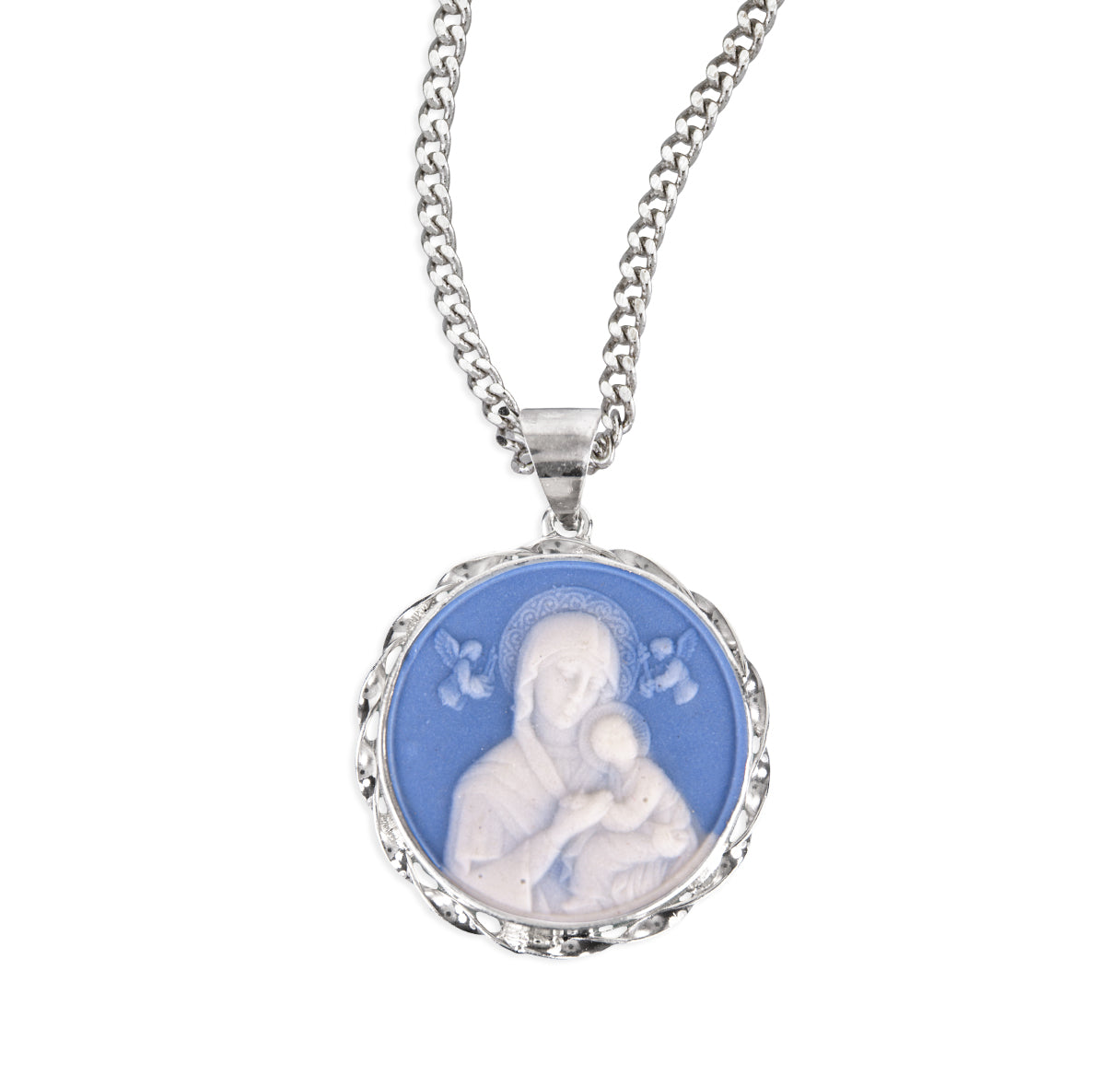 Light Blue Sterling Silver Our Lady of Perpetual Help Cameo Medal Necklace | .925 Silver