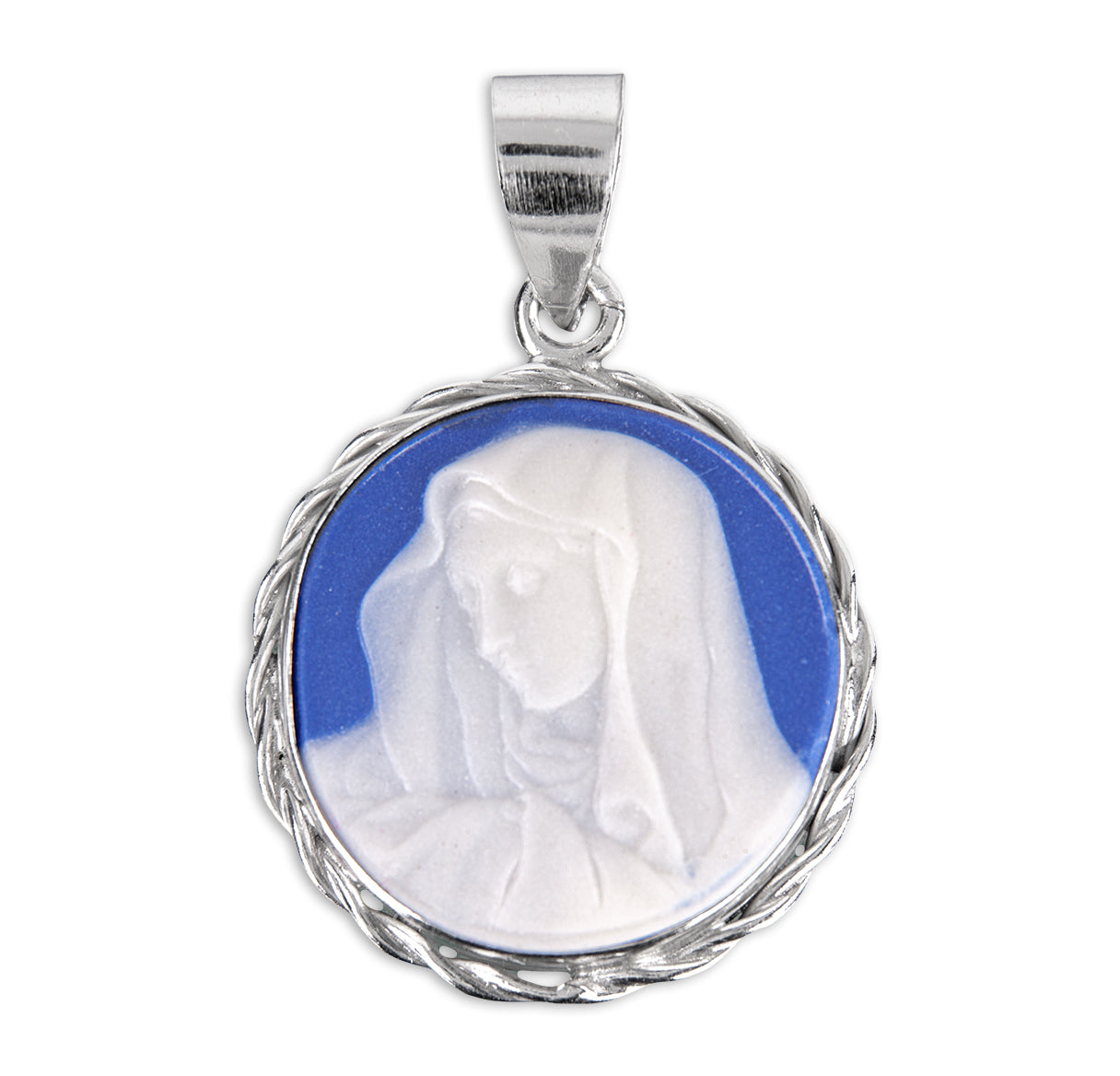 Dark Blue Sterling Silver Our Lady of Sorrows Cameo Medal Necklace | .925 Silver