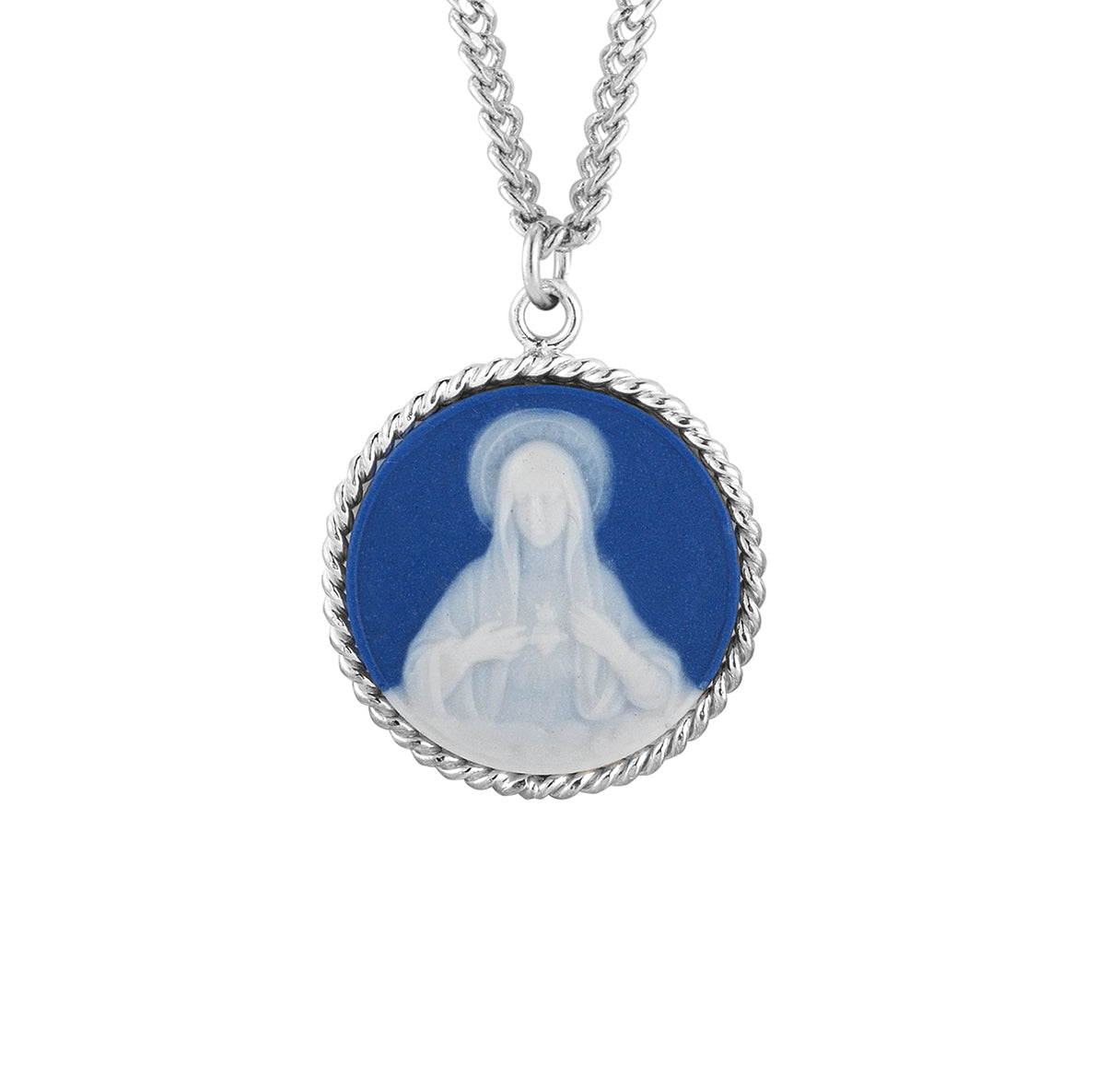 Blue Immaculate Heart of Mary Cameo Medal Necklace | Catholic Jewelry
