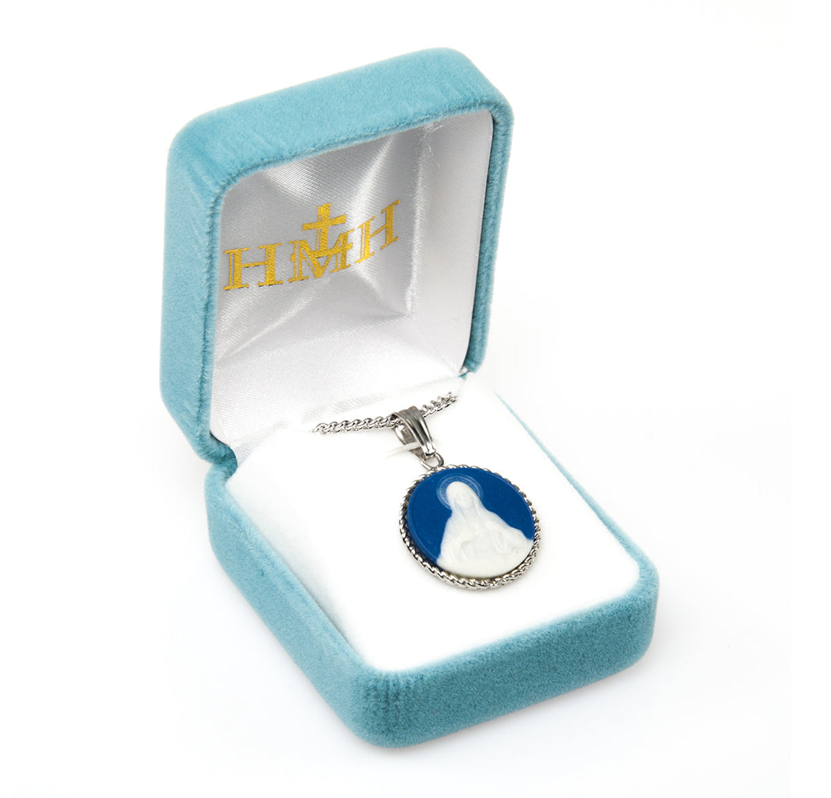 Blue Immaculate Heart of Mary Cameo Medal Necklace | Catholic Jewelry
