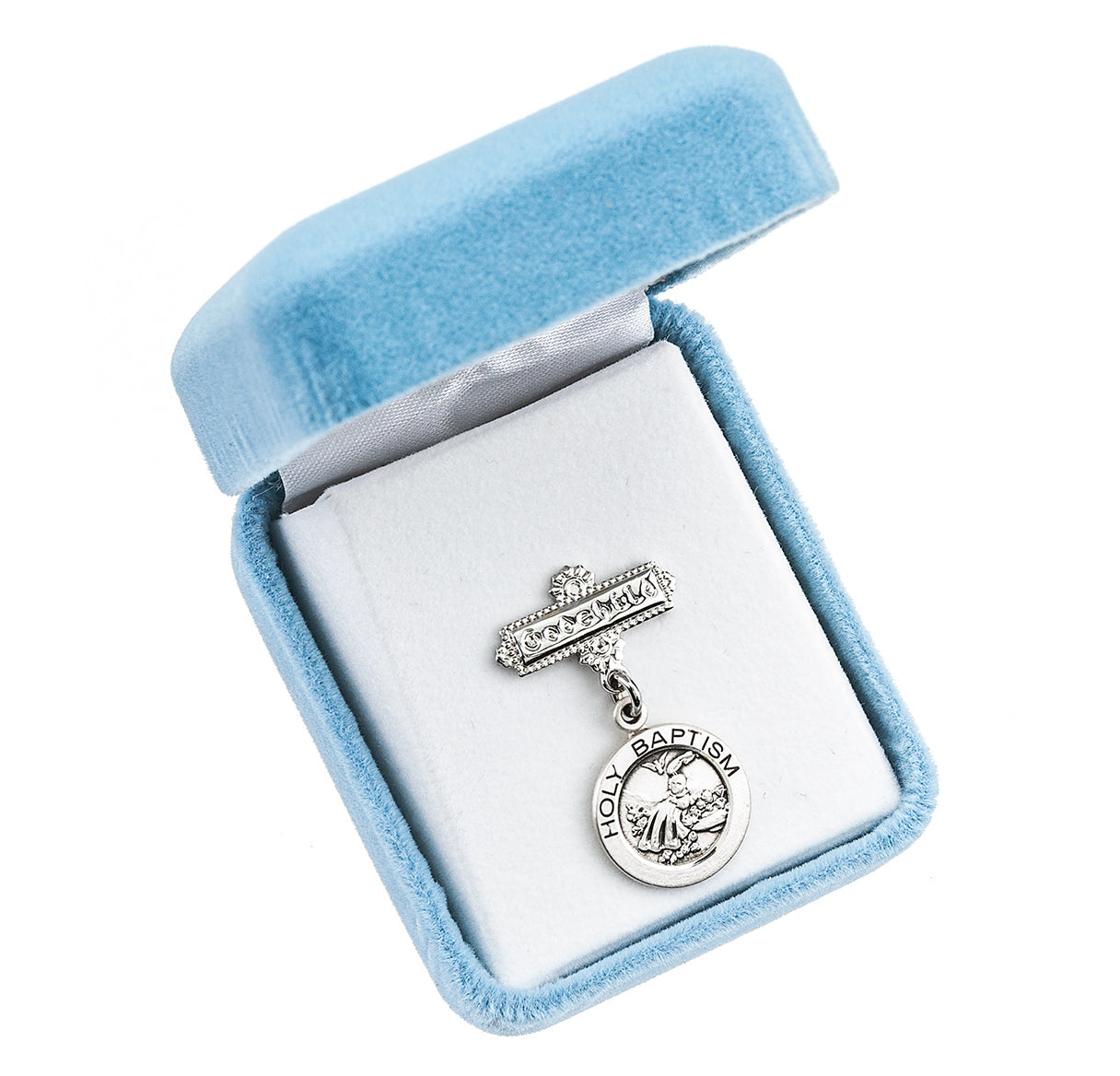 Sterling Silver Round Holy Baptism Medal on a Godchild Pin Necklace | .925 Silver