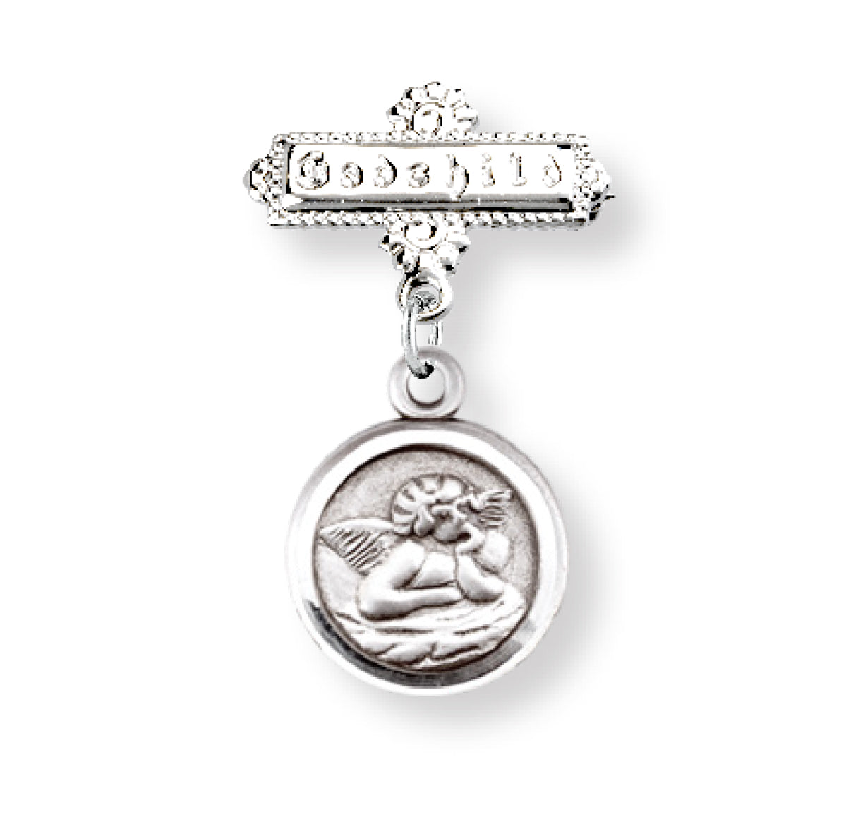 Guardian Angel Round Sterling Silver Medal on a Godchild Bar Pin Necklace | .925 Silver