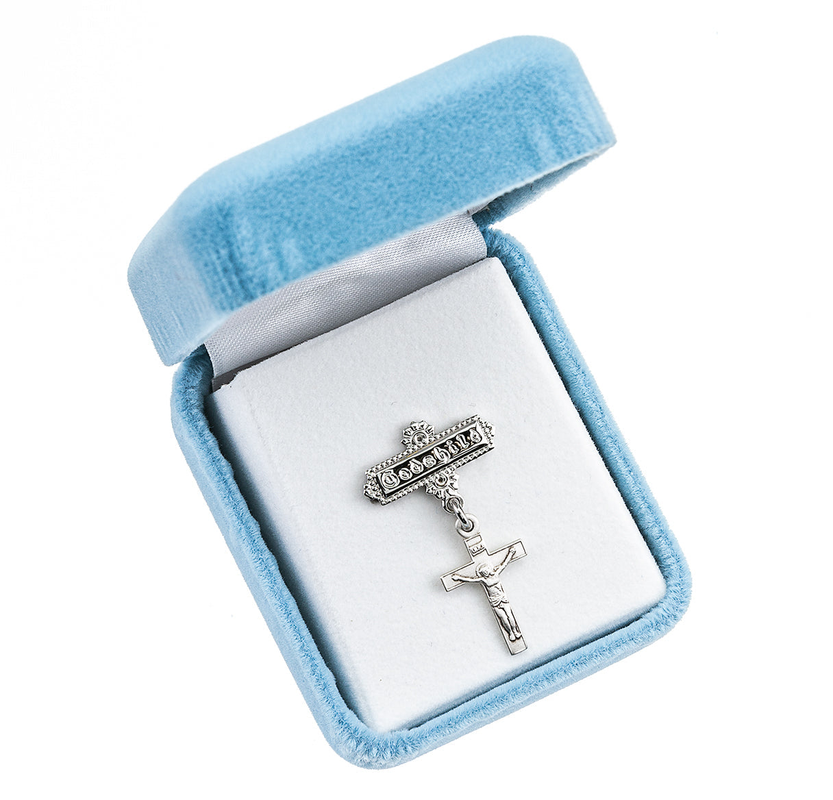 Sterling Silver Baby Crucifix on a Godchild Bar Pin Necklace | .925 Silver