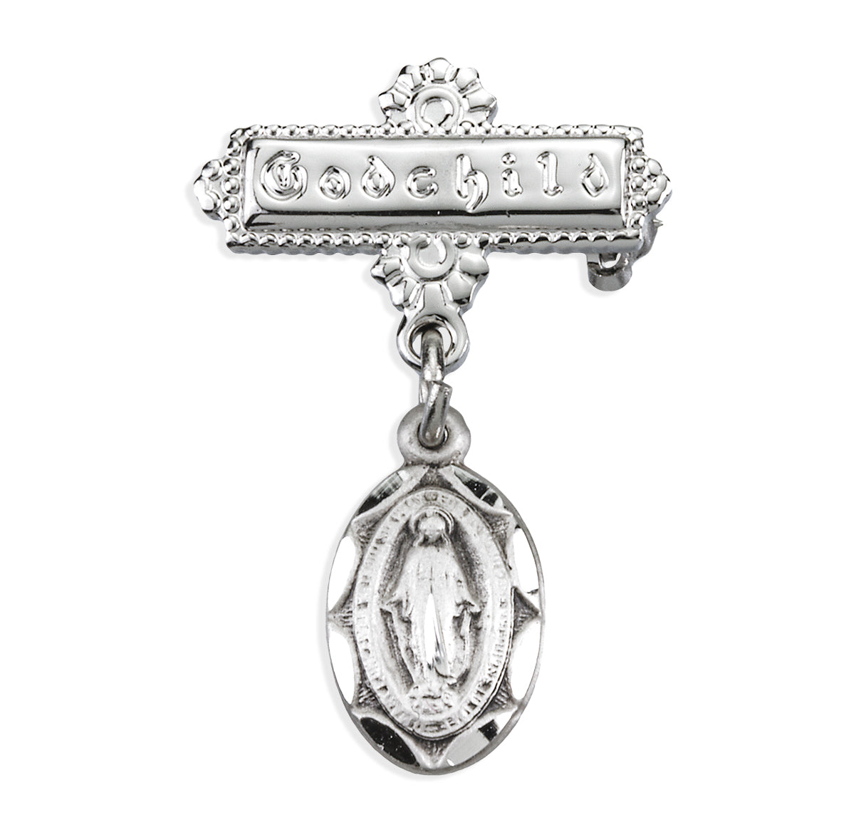 Sterling Silver Plain Miraculous Medal Godchild Bar Pin Necklace | .925 Silver