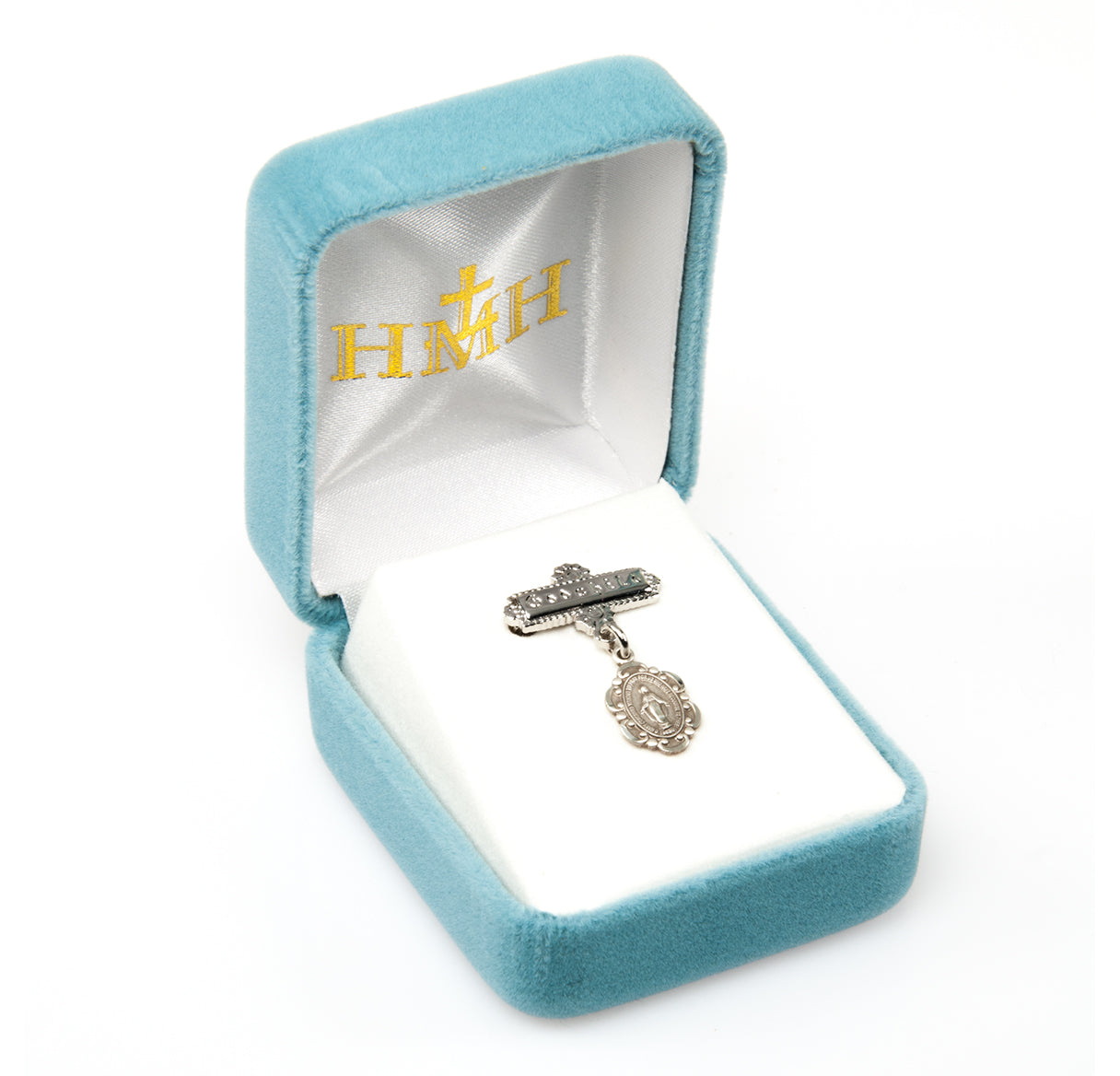 Sterling Silver Fancy Edge Miraculous Medal on a Godchild Bar Pin Necklace | .925 Silver