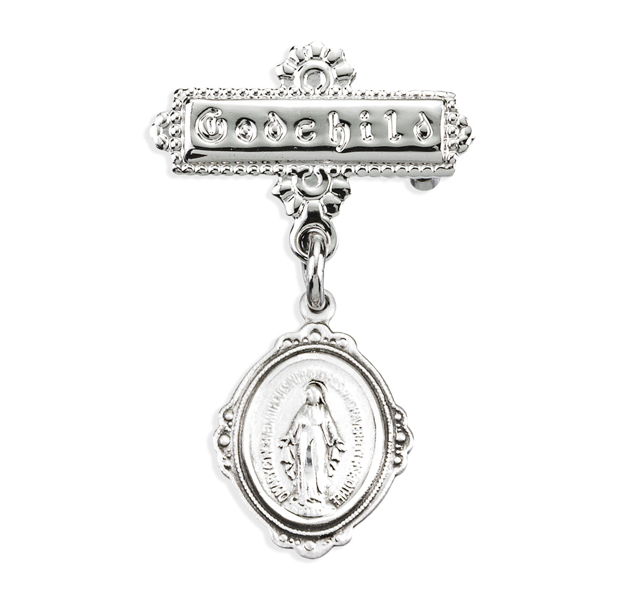 Sterling Silver Small Miraculous Medal on a Godchild Bar Pin Necklace | .925 Silver