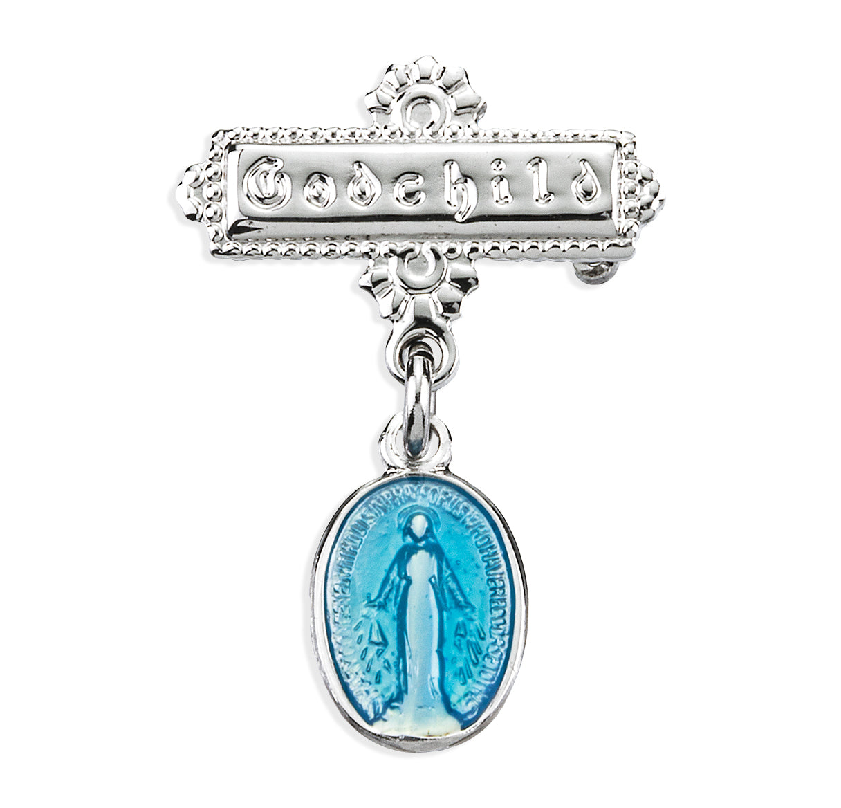 Blue Enameled Oval Sterling Silver Baby Miraculous Baby Medal on a Godchild Bar Pin Necklace | .925 Silver