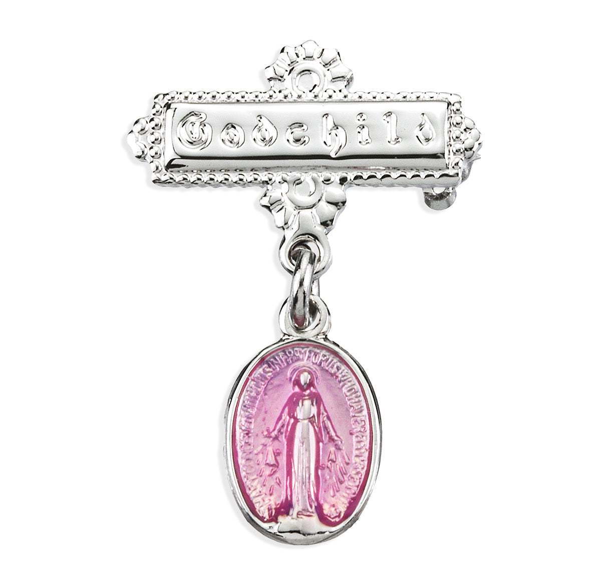 Pink Enameled Oval Sterling Silver Baby Miraculous Baby Medal on a Godchild Bar Pin Necklace | .925 Silver