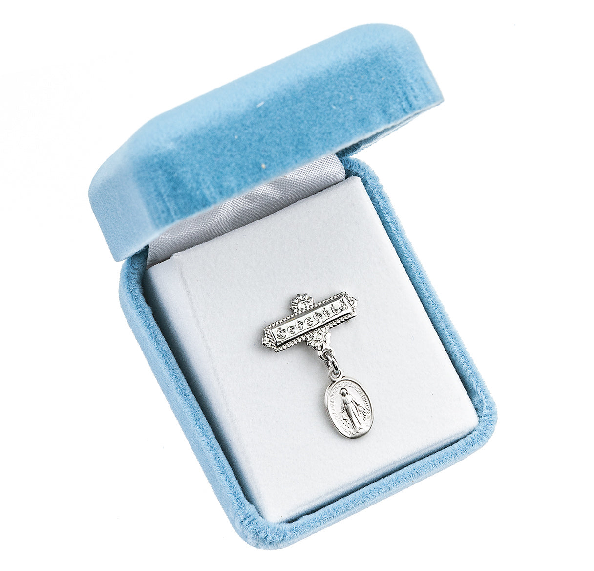 Sterling Silver Oval Baby Miraculous Medal on a Godchild Bar Pin Necklace | .925 Silver
