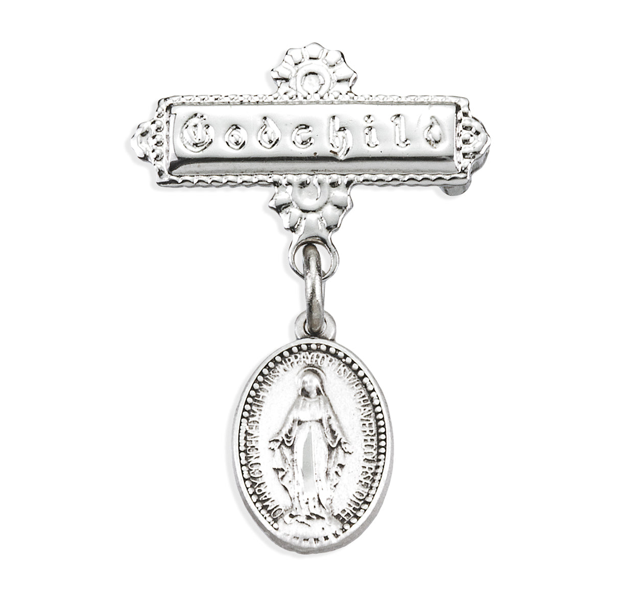 Sterling Silver Baby Miraculous Medal on a Godchild Bar Pin Necklace | .925 Silver