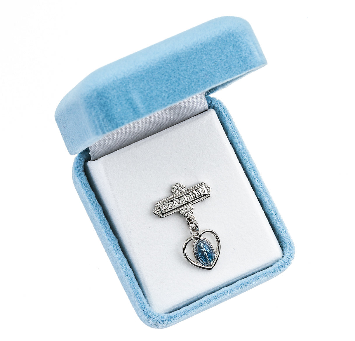 Sterling Silver Pierced Heart Baby Miraculous Medal Blue on a Godchild Pin Necklace | .925 Silver