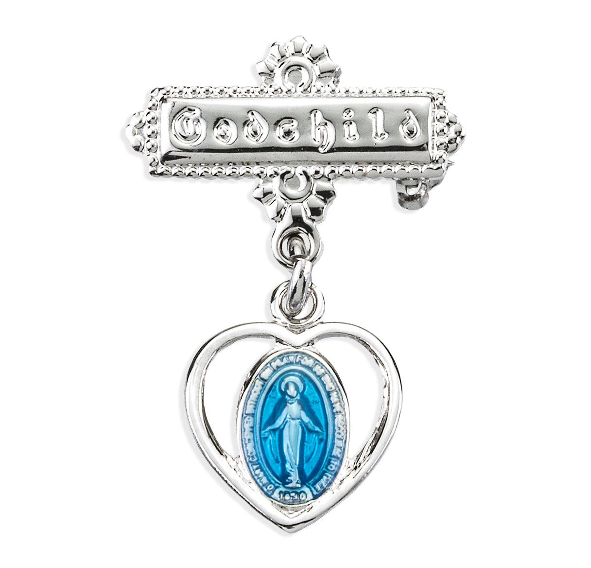 Sterling Silver Pierced Heart Baby Miraculous Medal Blue on a Godchild Pin Necklace | .925 Silver