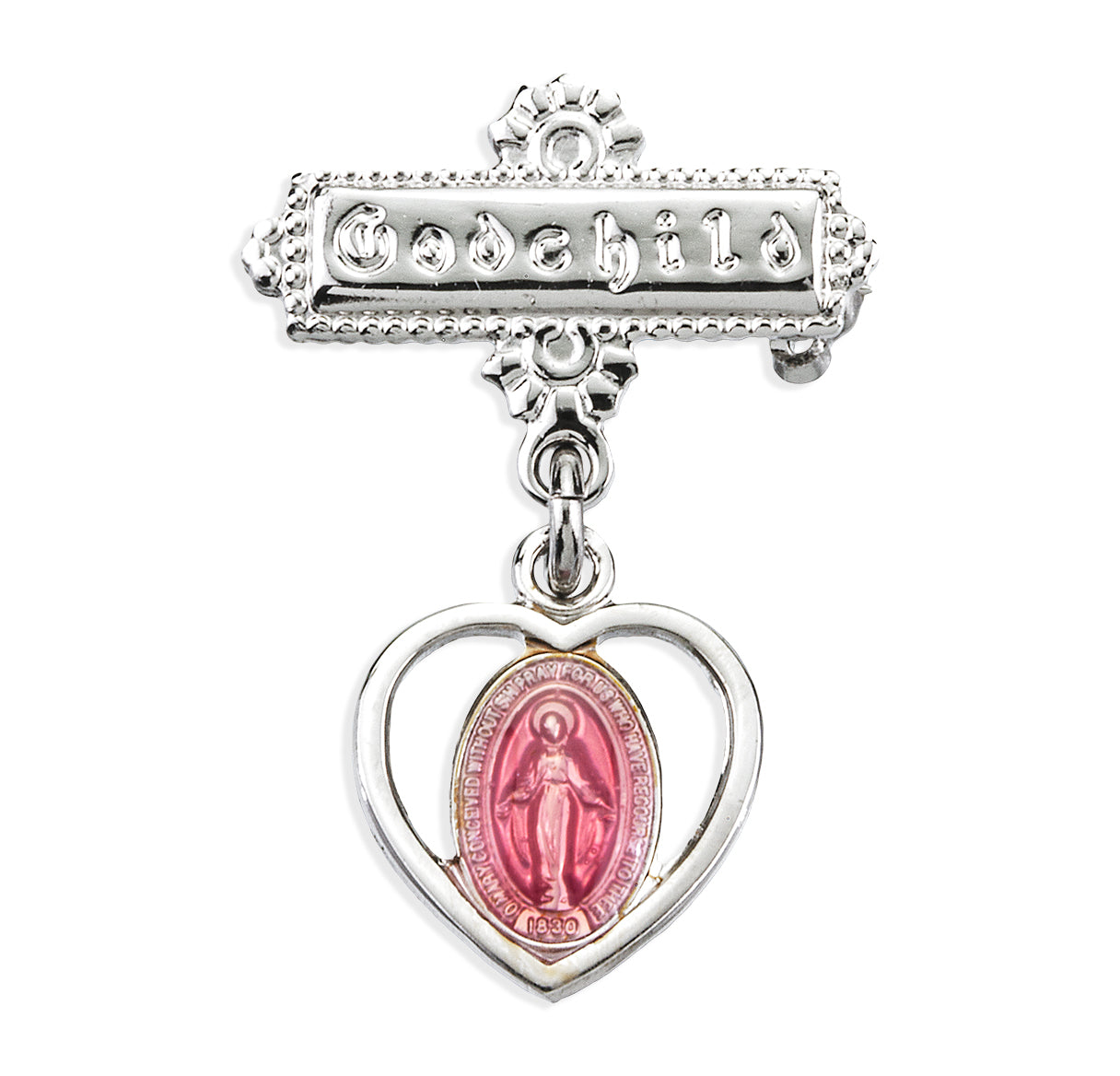 Sterling Silver Pierced Heart Baby Miraculous Medal Pink on a Godchild Pin Necklace | .925 Silver