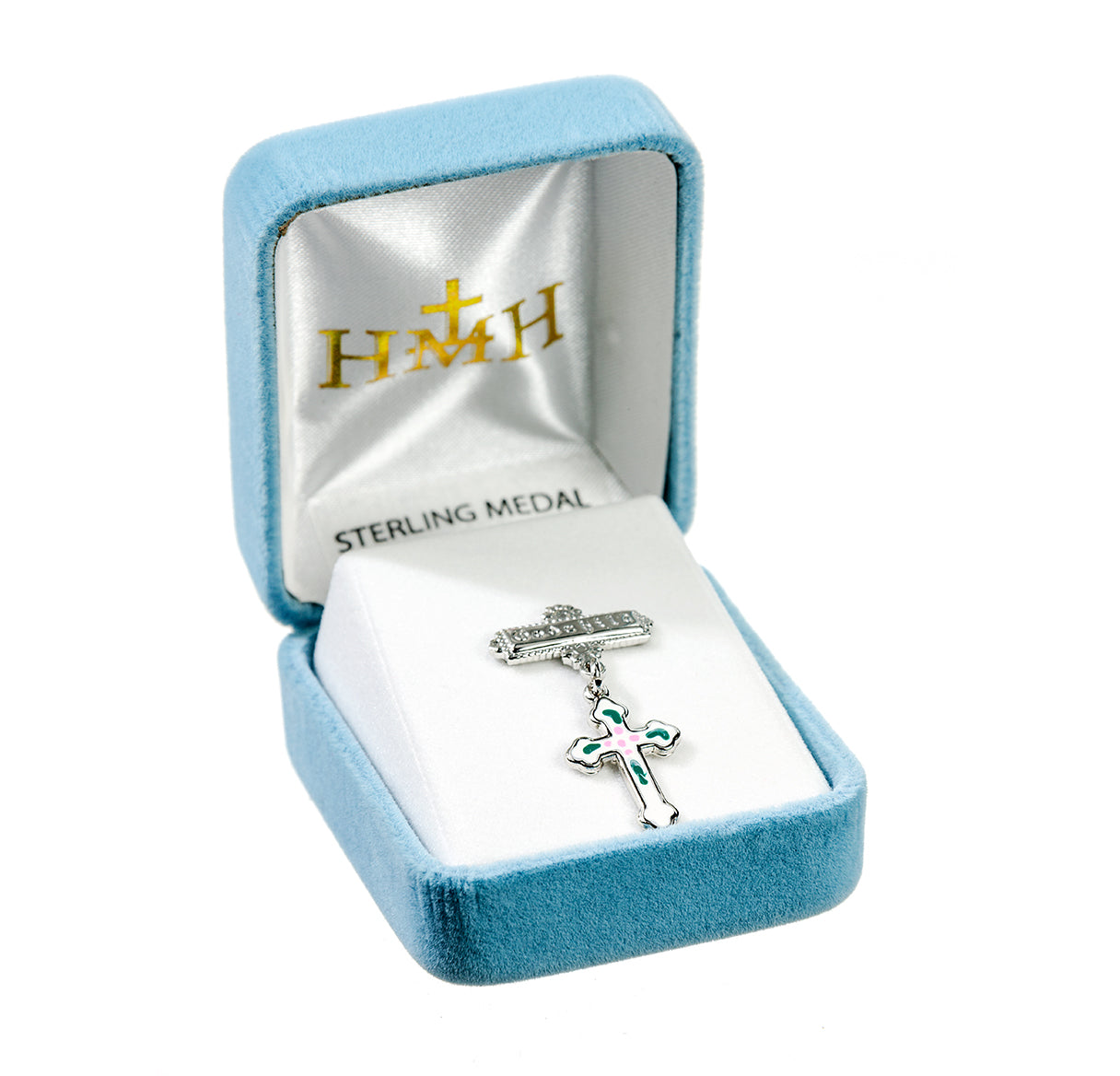 Sterling Silver Rosebud White Enameled Baby Cross on a Godchild Bar Pin Necklace | .925 Silver