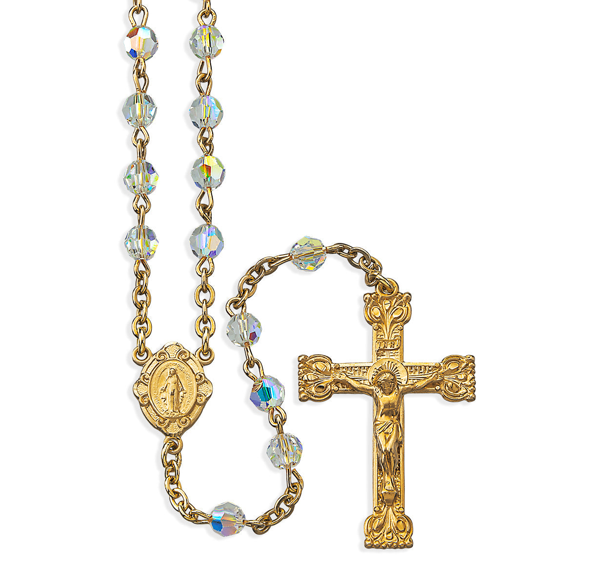 5mm Finest Aurora Crystal Gold Plated Round Beads with Gold Over Sterling Crucifix and Center Necklace | 16kt Gold Plated .925 Silver
