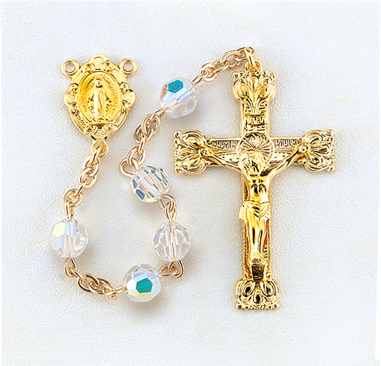 5mm Finest Aurora Crystal Gold Plated Round Beads with Gold Over Sterling Crucifix and Center Necklace | 16kt Gold Plated .925 Silver