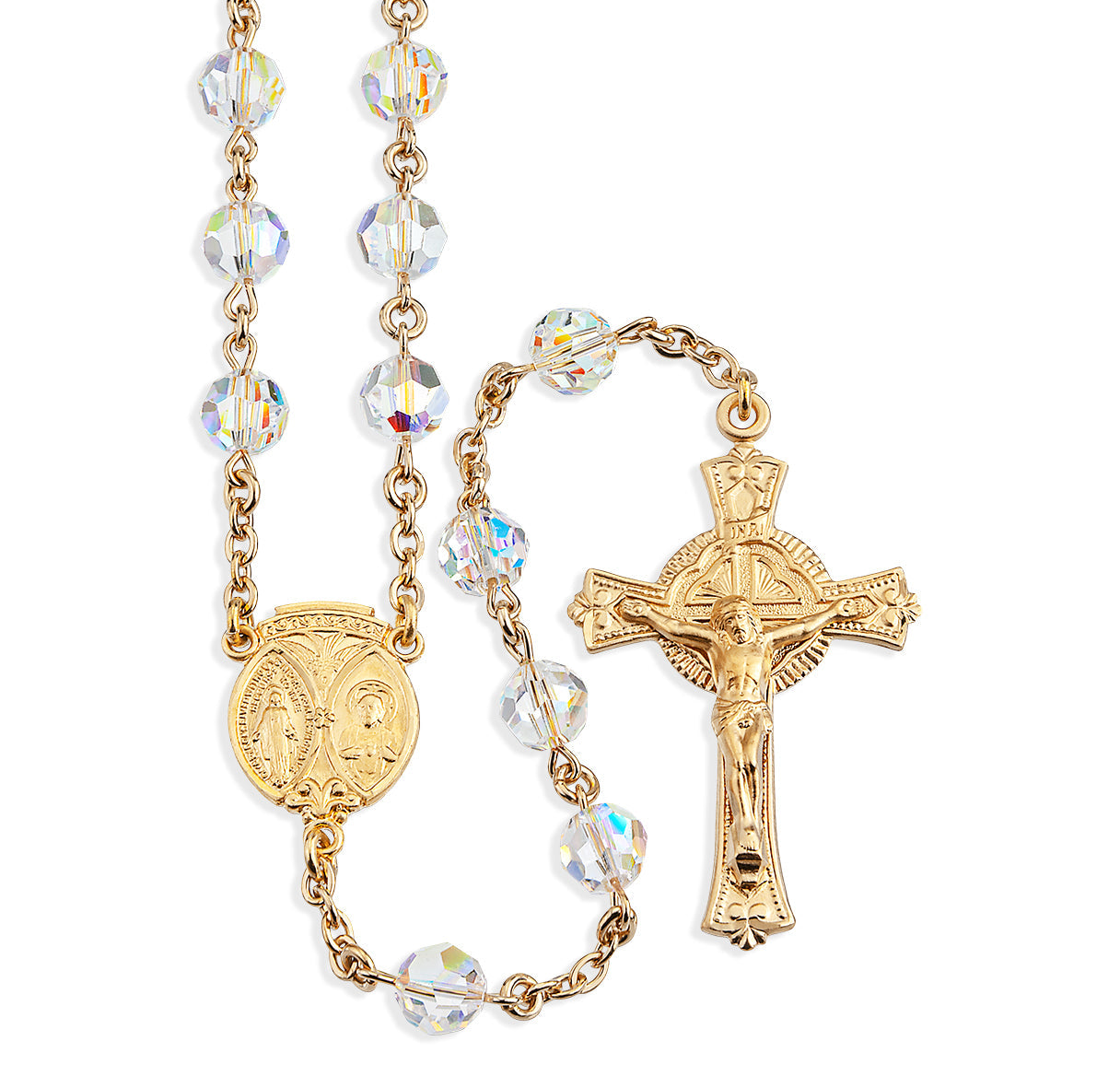 7mm Finest Aurora Crystal Gold Plated Round Beads with Gold Over Sterling Crucifix and Center Necklace | 16kt Gold Plated .925 Silver