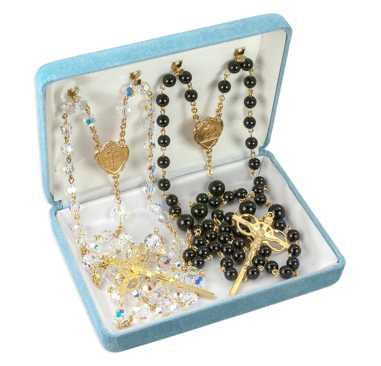 Gold Plated Wedding Rosary Set Created with Crystals by Swarovski® 6mm Aurora Borealis Beads and 6mm Onyx Beads by HMH, image 2
