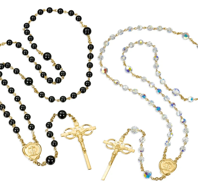 Gold Plated Wedding Rosaries Set Created with Crystals by Swarovski® 6mm Aurora Borealis Beads and 6mm Onyx Beads by HMH | Catholic Rosary