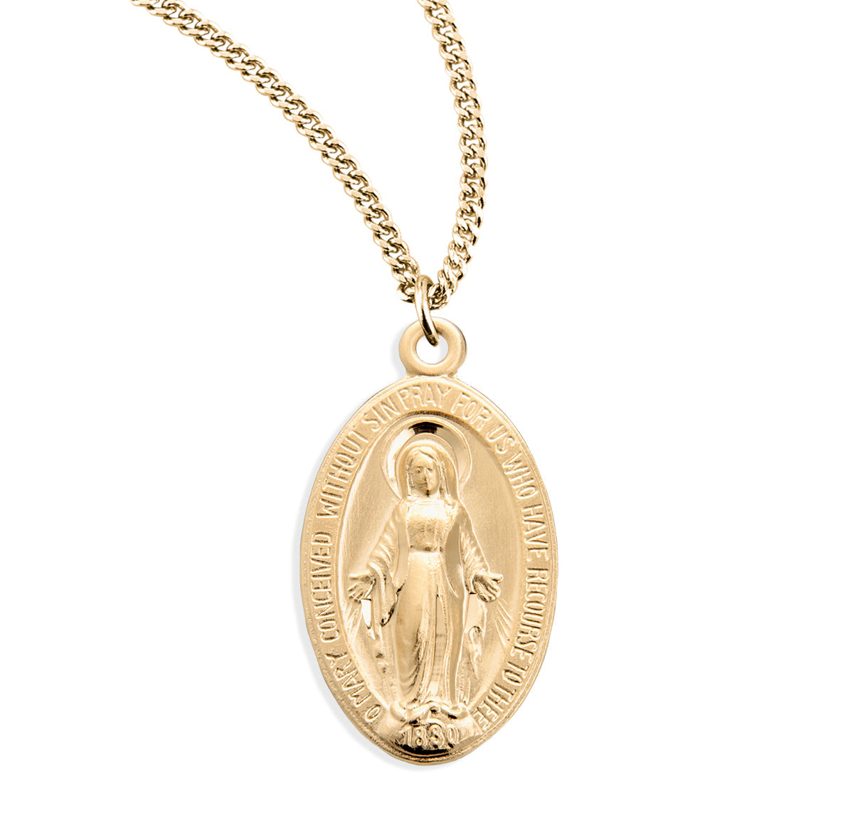 Gold Over Sterling Silver Oval Miraculous Medal Necklace | 16kt Gold Plated .925 Silver