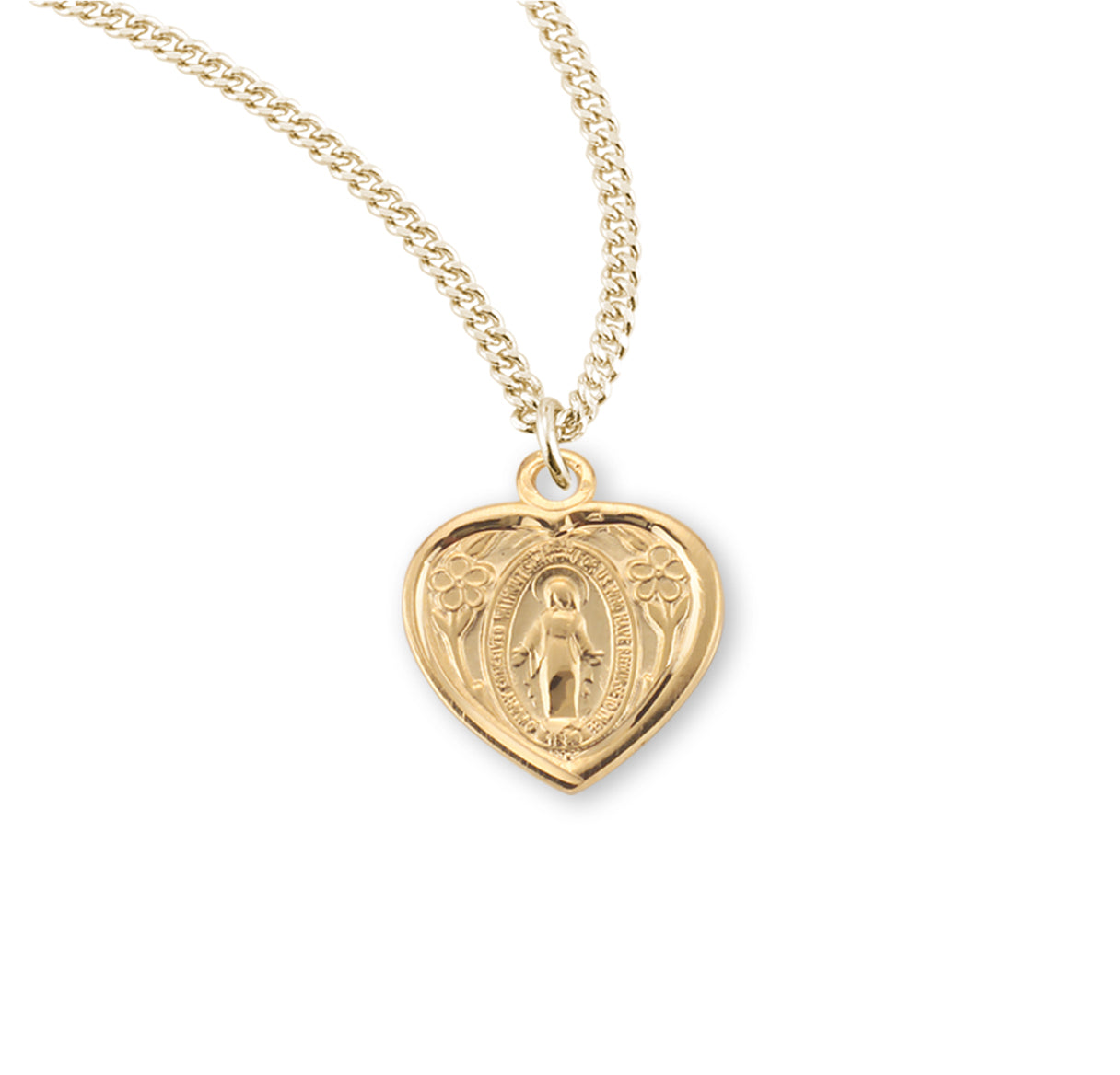 Gold Over Sterling Silver Heart Shape Miraculous Medal Necklace | 16kt Gold Plated .925 Silver