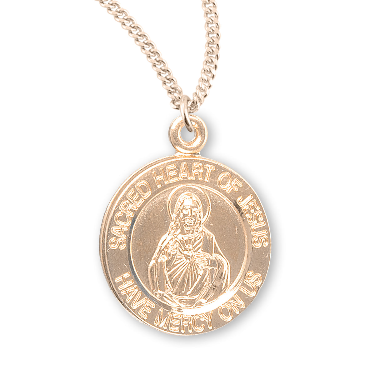 Sacred Heart of Jesus Double Sided Round Gold Over Sterling Silver Scapular Medal Necklace | 16kt Gold Plated .925 Silver