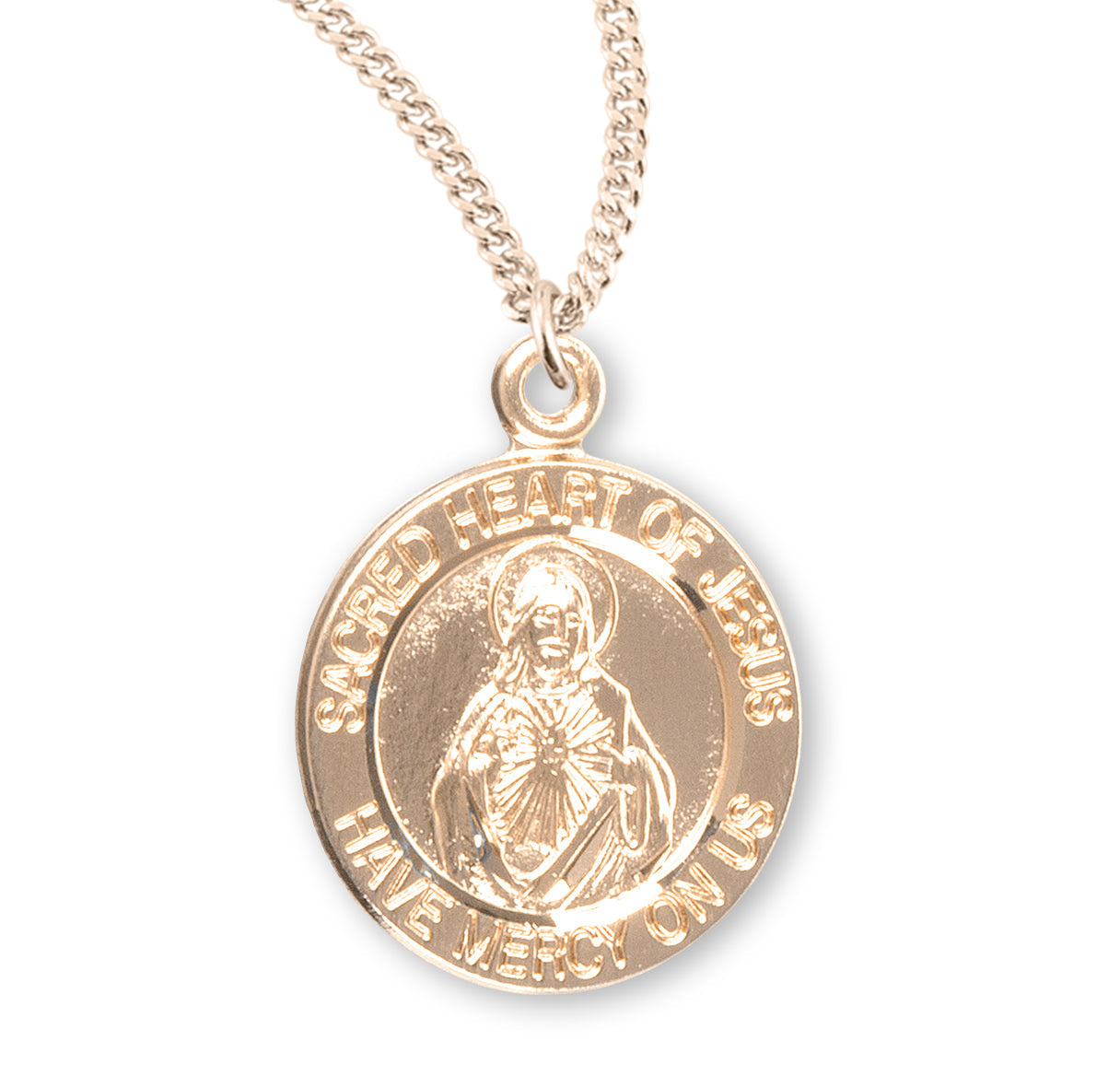 Sacred Heart of Jesus Double Sided Round Gold Over Sterling Silver Scapular Medal Necklace | 16kt Gold Plated .925 Silver