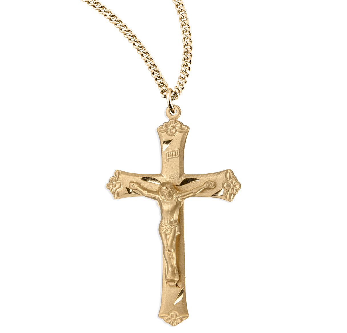 Gold Over Sterling Silver Large Rosary Crucifix with Flower Tips | 16kt Gold Plated .925 Silver