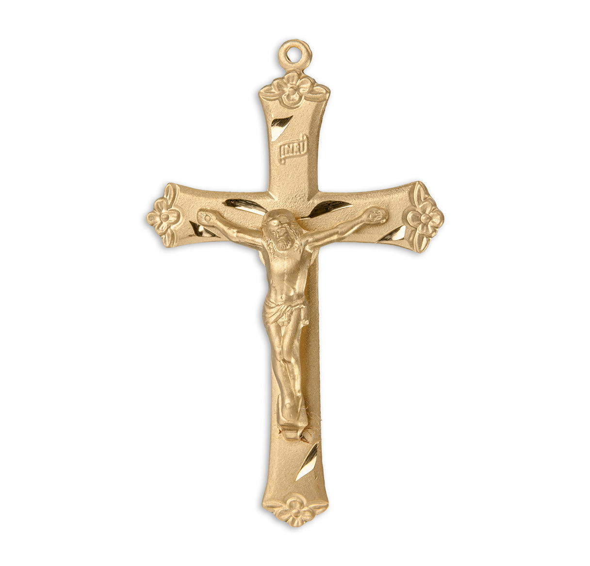 Gold Over Sterling Silver Large Rosary Crucifix with Flower Tips | 16kt Gold Plated .925 Silver