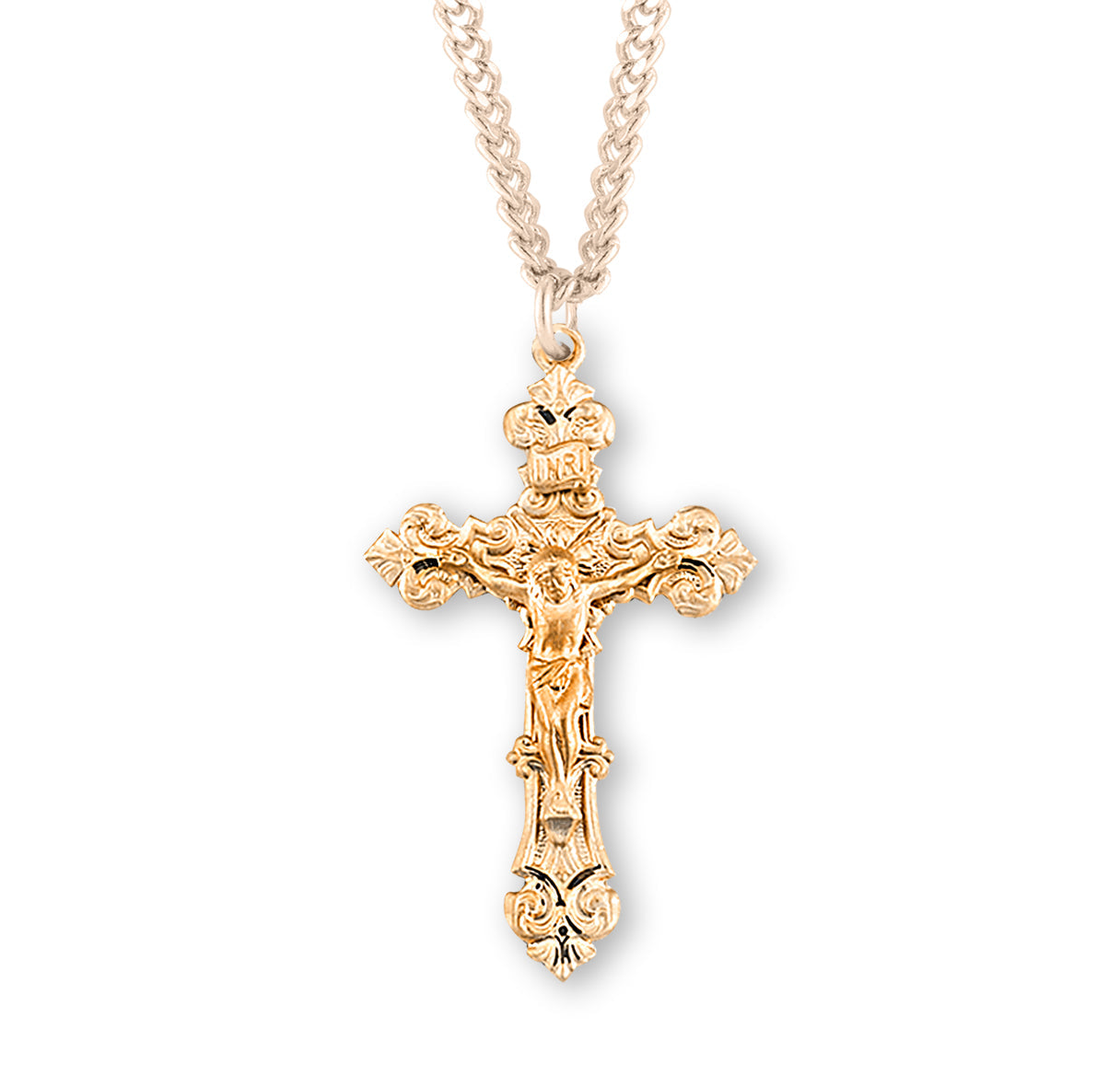 Gold Over Sterling Silver Filigree Scroll Relief Design Crucifix Necklace | 16kt Gold Plated .925 Silver