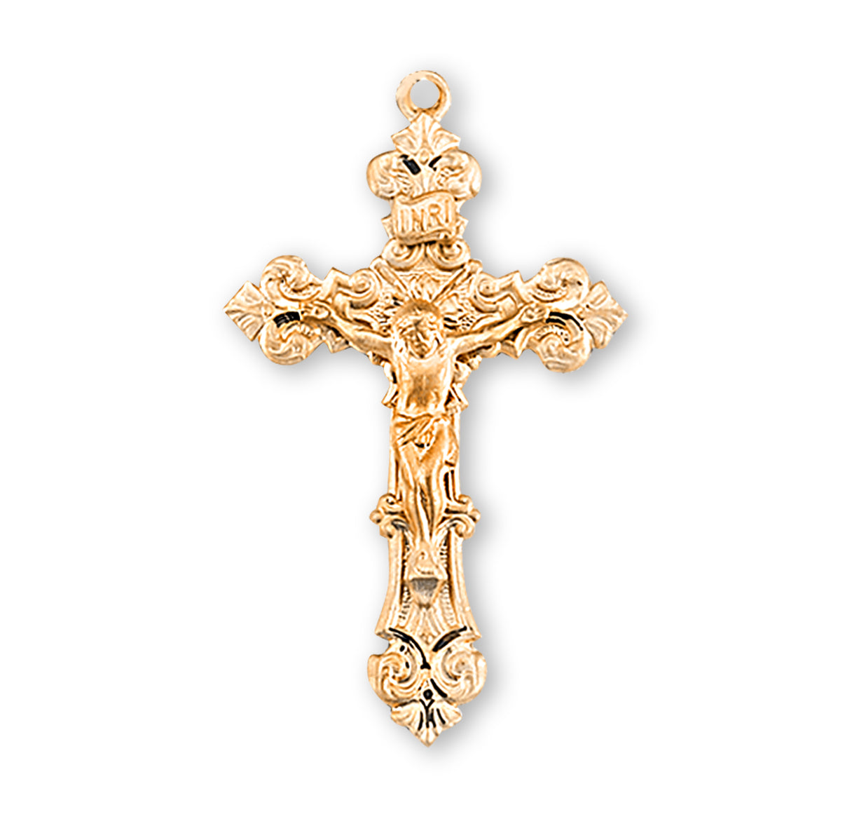 Gold Over Sterling Silver Filigree Scroll Relief Design Crucifix Necklace | 16kt Gold Plated .925 Silver