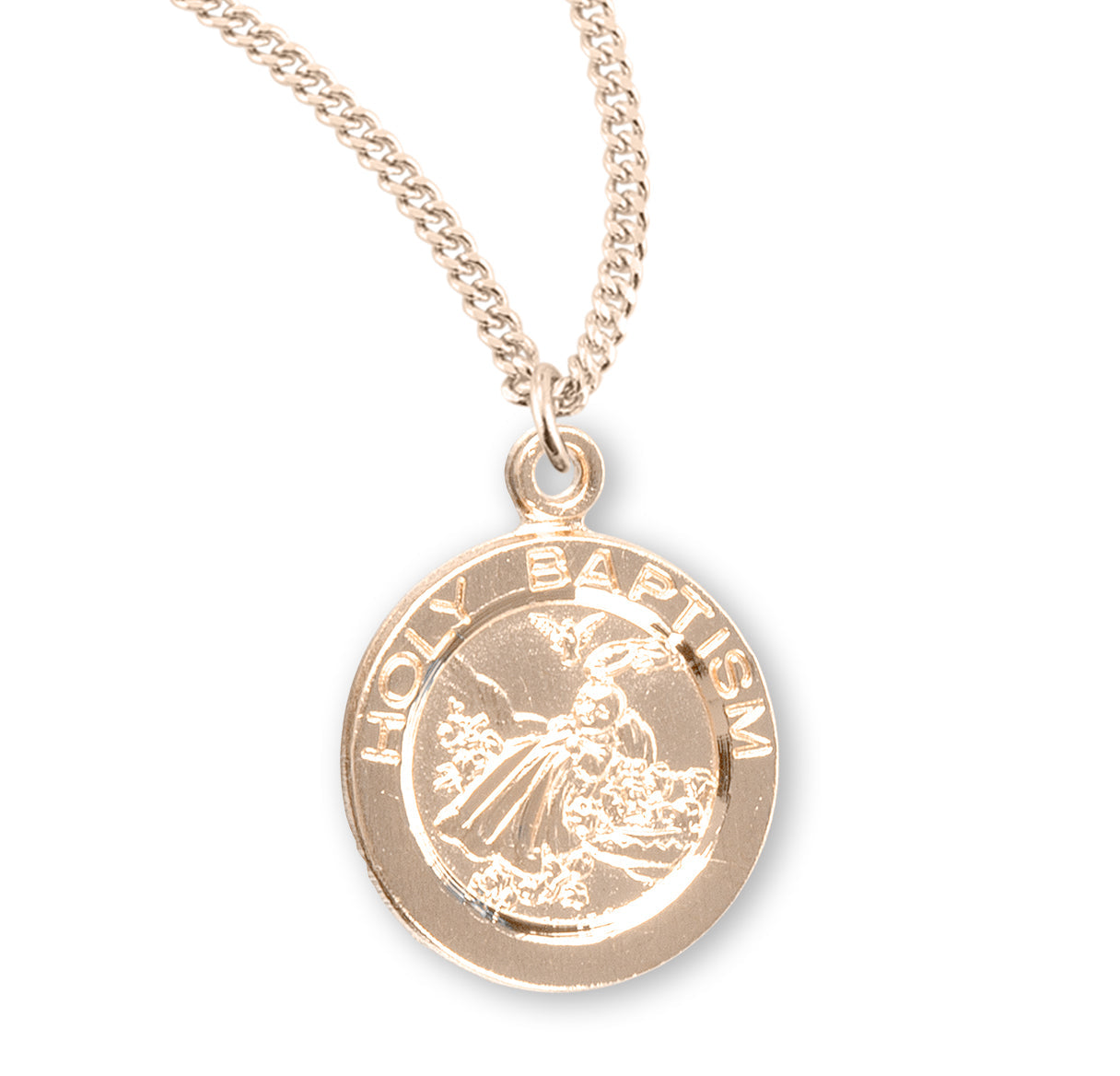 Holy Baptism Med Round Gold Over Sterling Silver Medal Necklace | 16kt Gold Plated .925 Silver