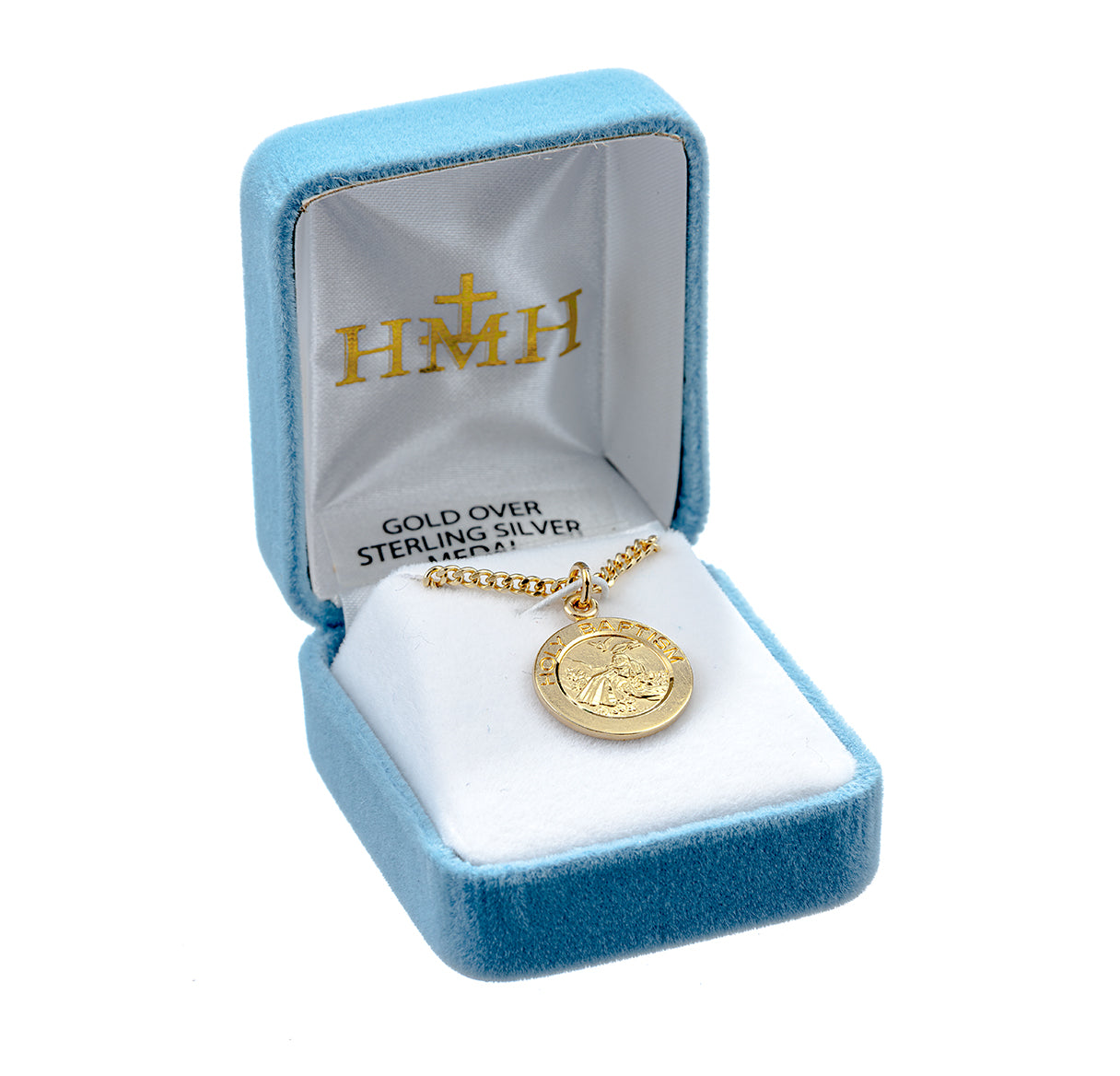 Holy Baptism Med Round Gold Over Sterling Silver Medal Necklace | 16kt Gold Plated .925 Silver